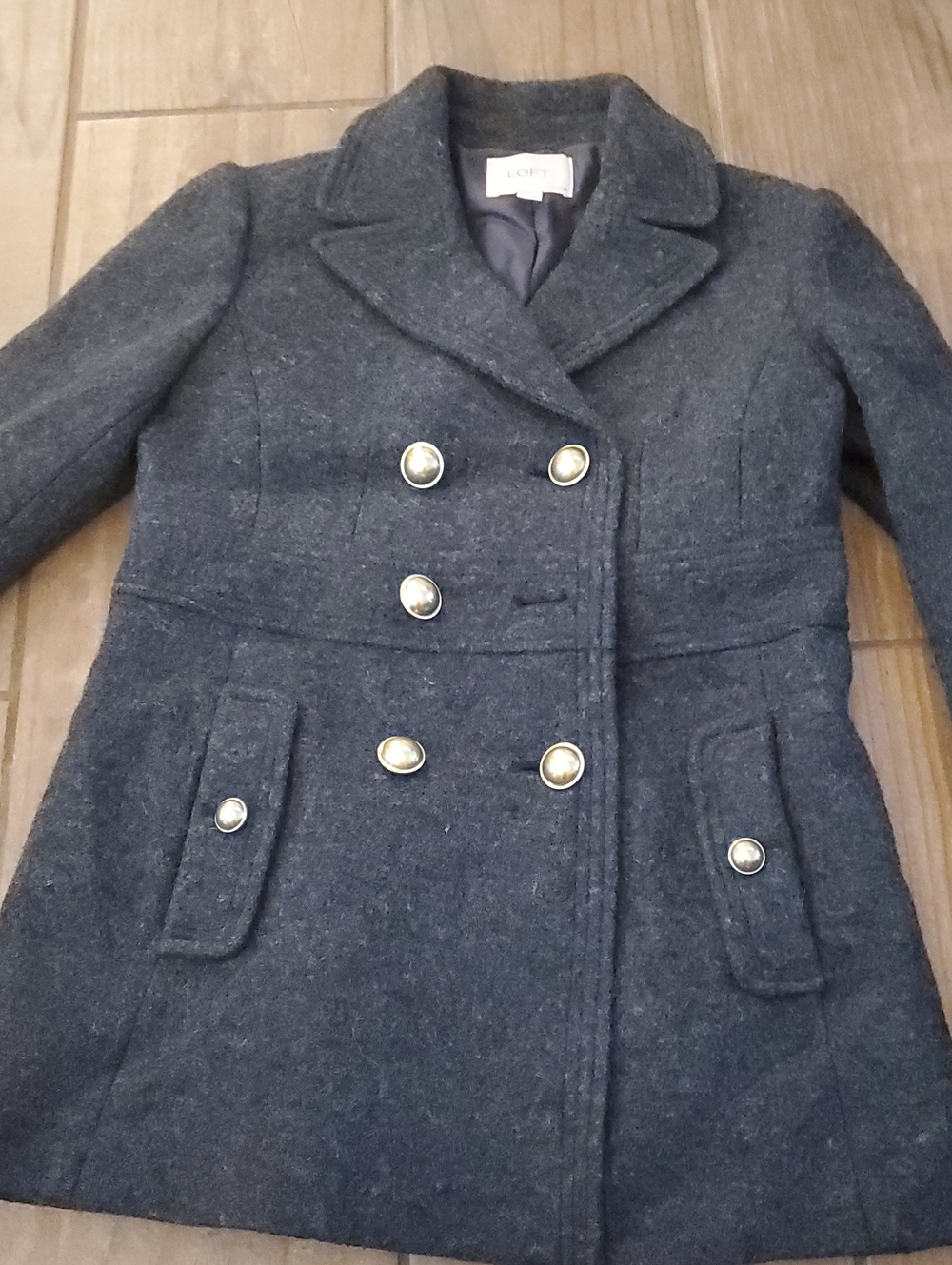LOFT Dark Gray Double-Breasted Wool Peacoat with Gold Buttons